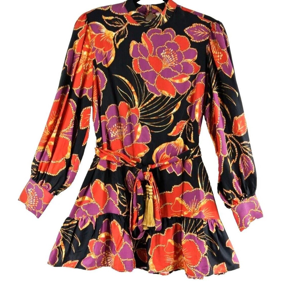 181. Farm Rio Shiny Chita Floral Long Sleeve Minidress Size Small Retail $260.00